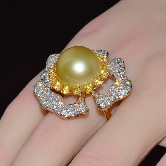 CERTIFIED NATURAL 26CTS VS F DIAMOND 15MM SOUTH SEA PEARL SAPPHIRE 18K GOLD RING - Picture 5 of 14